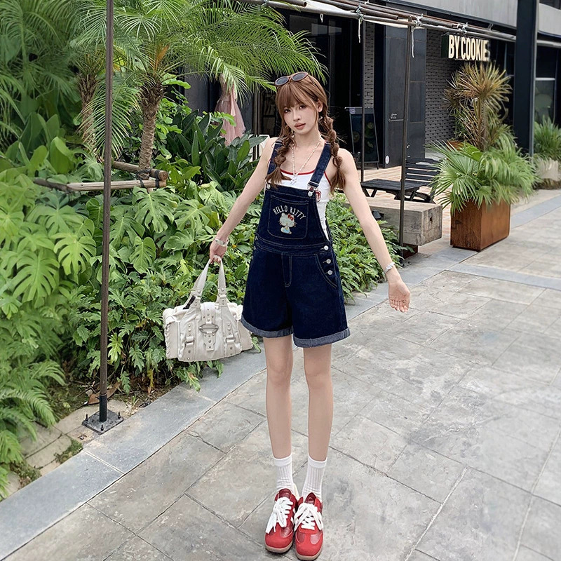 2026 New Summer Style Loose-Fitting Slimming Denim Overalls Shorts for Women, Cute and Sweet Dark Blue Shorts for Petite Women