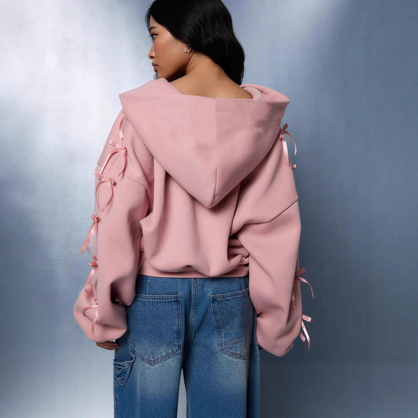 Autumn and Winter Cross-Border New Sweatshirt Bow Sports Casual Short Style Hooded Long-Sleeved Velvet Loose Jacket