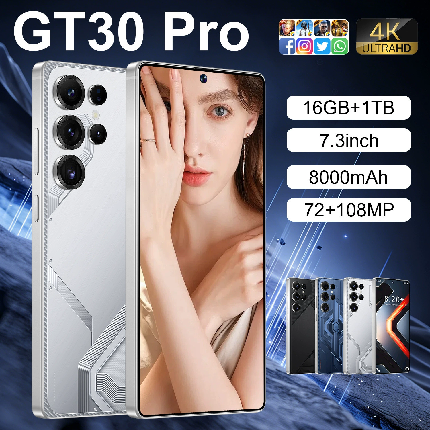Смартфон GT30Pro, Android 14, 7,3″ сенсорный экран, 6800 мАч, 16 ГБ + 1 ТБ