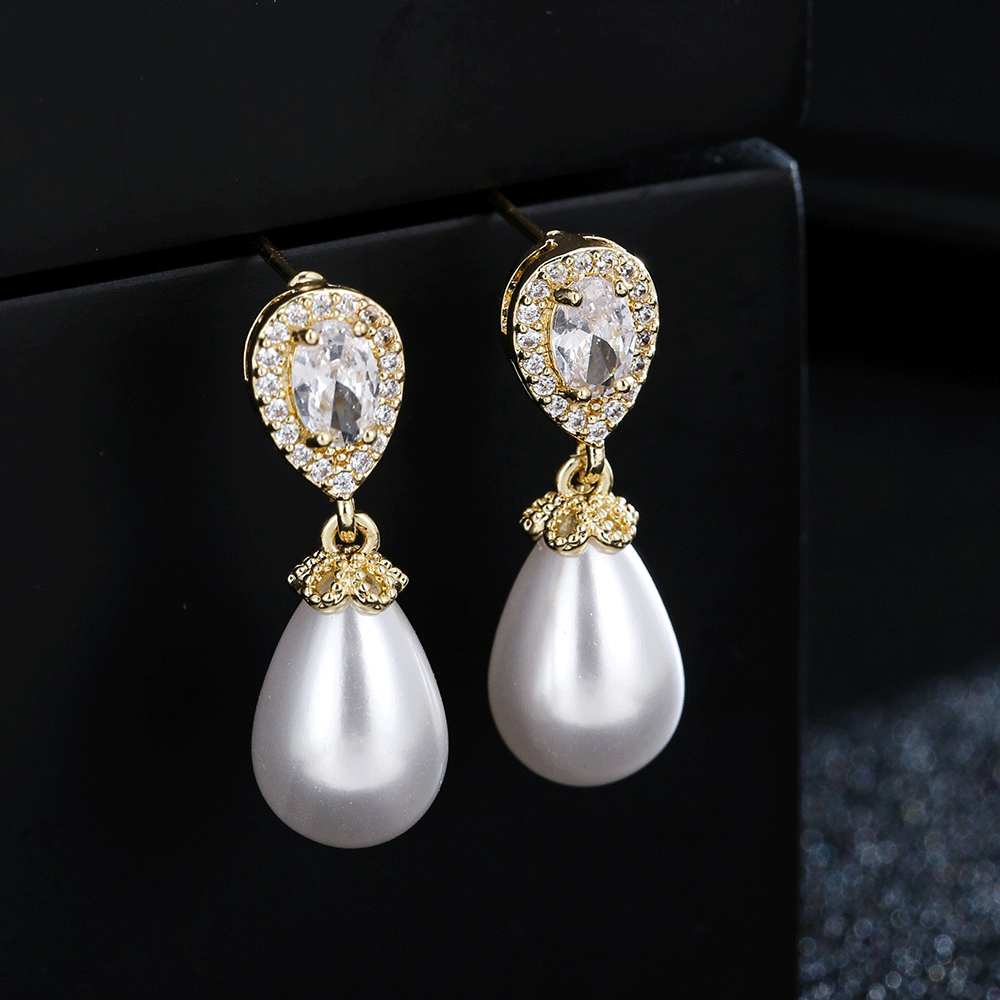 Boucles d'oreilles tendance en forme de goutte d'eau, perles et zircon, accessoires pour femme. Bijou idéal pour une robe de mariée ou une tenue de soirée._voghion.com