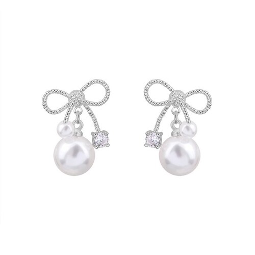 Simple Zircon bow earrings for women ins trendy Hong Kong style retro pearl earrings internet celebrity earrings