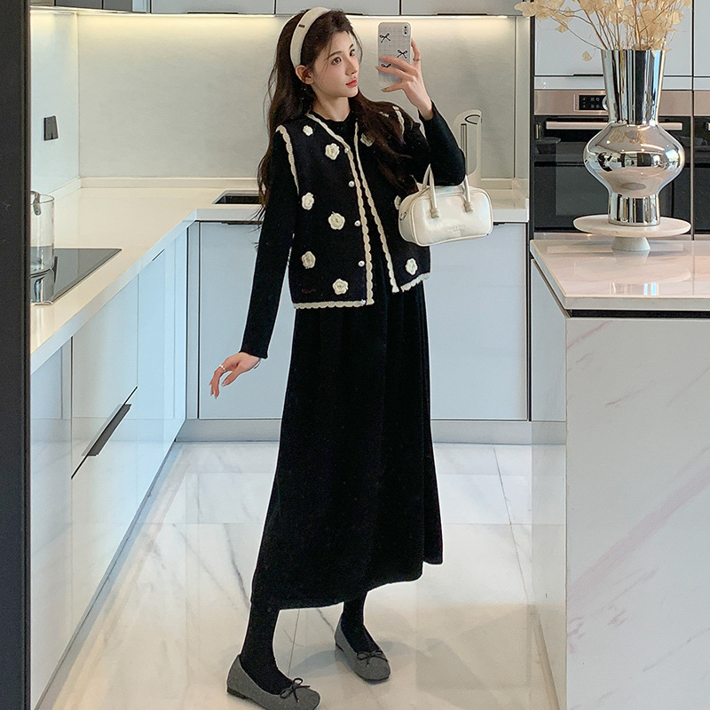 孕妇秋装连衣裙潮妈新款两件套裙子秋冬季套装孕妈高级感穿搭气质|undefined
