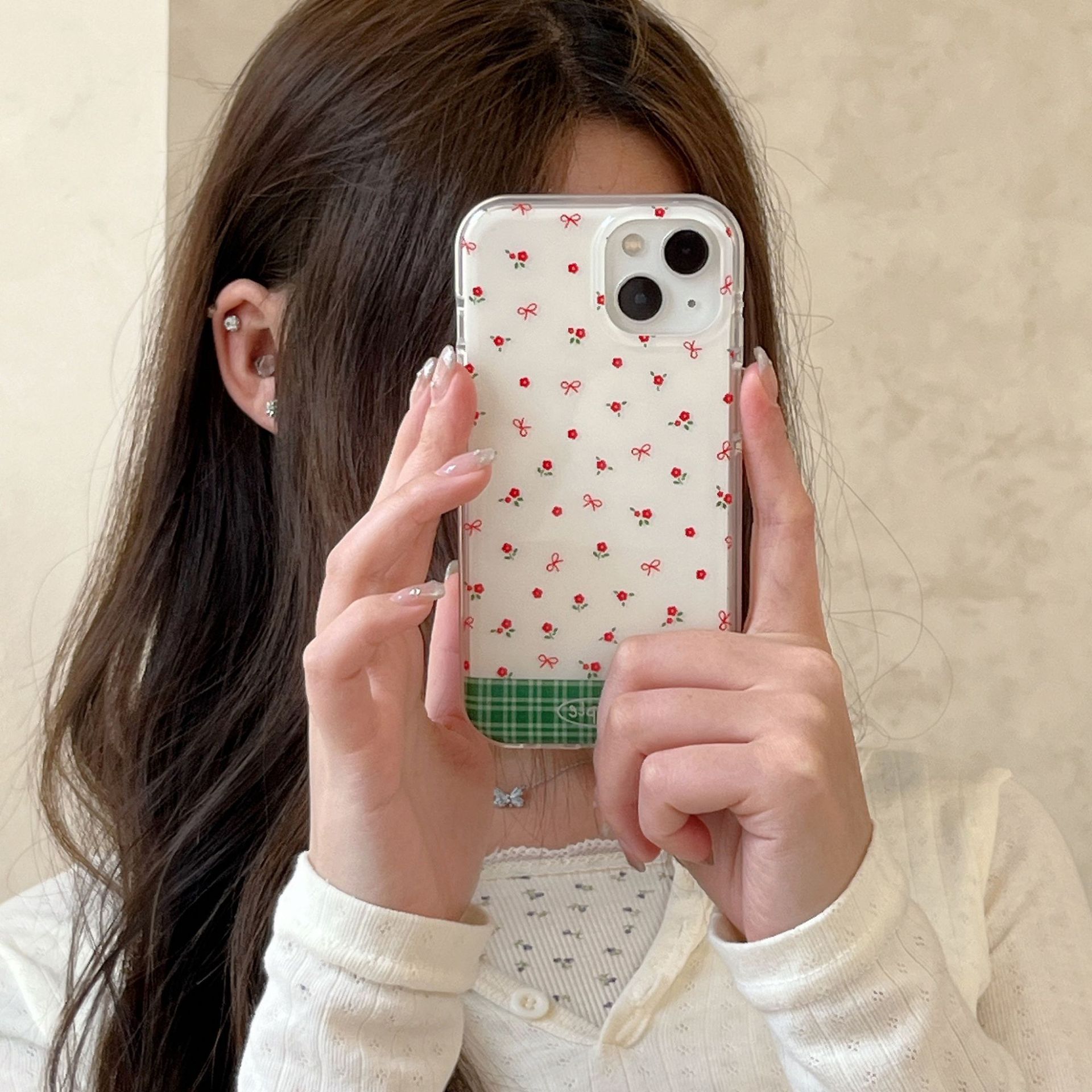 Funda para teléfono móvil iphone15 con empalme floral de estilo coreano 16ProMax Apple 13 botón tridimensional femenino 14P