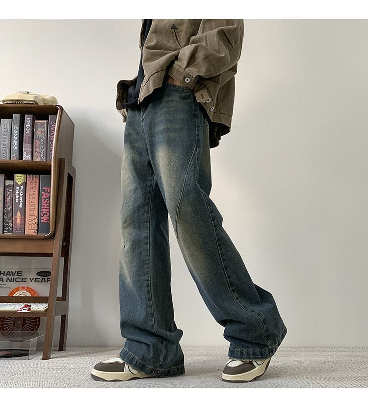 Men's High Street Cleanfit Vintage Washed Denim Jeans - Relaxed Fit Straight Leg Trousers For Casual Wear​_mkmklike.com