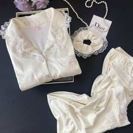 hello凯蒂猫双面海岛绒睡衣 女蕾丝公主长袖套新款家居服冬可外穿