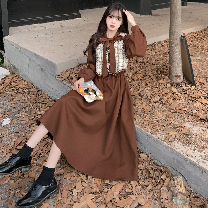小香风马甲红色连衣裙两件套女秋冬大码法式复古灯芯绒打底长裙子|undefined