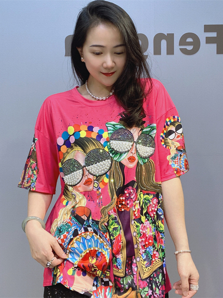 夏の新型丸襟プルオーバー半袖上着婦人服2025ファッション百合女装ホットドリルtシャツ