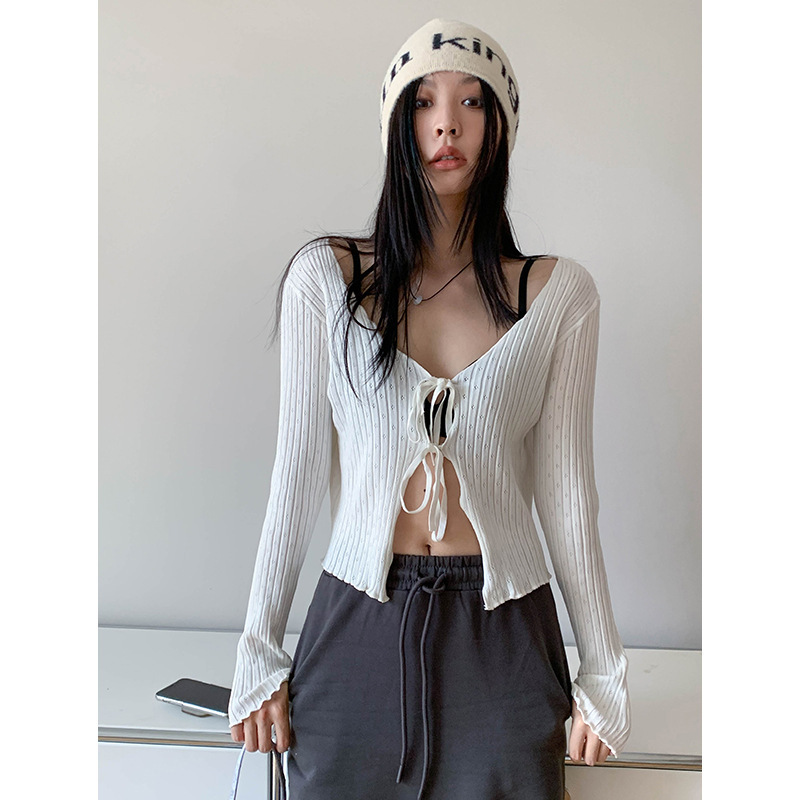 Dolores Korean Casual V-Neck Hollow-Out Short Top with Tie-Up Solid Color Knitted Cardigan Long Sleeves