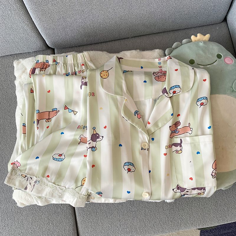 Entidad al por mayor productos de alta calidad primavera nuevo pijama de seda de hielo y nieve para mujeres delgada de verano dibujos animados set de ropa para el hogar se puede usar fuera