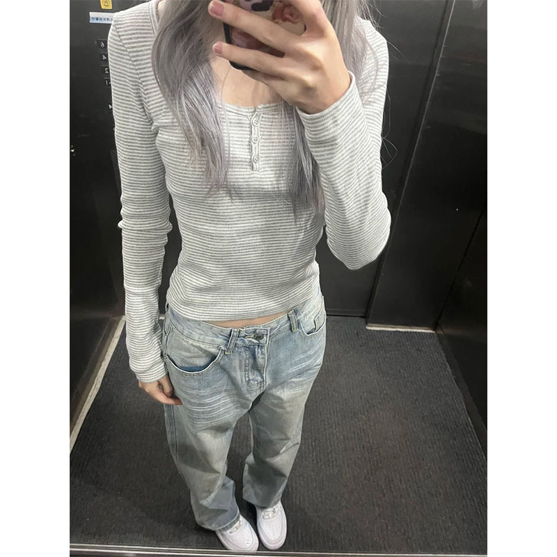 美式复古灰色条纹纽扣U领长袖T恤女早春修身打底衫甜辣bm短款上衣|undefined