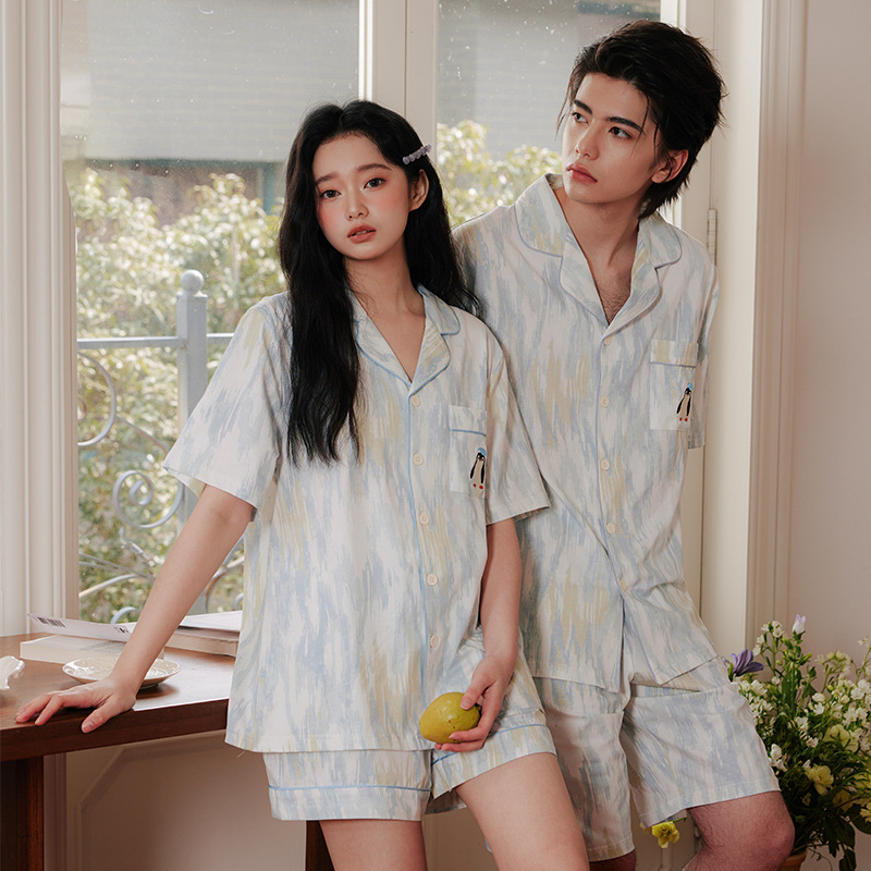 Blue Vertical Pattern Penguin Summer Cool Type a Lycra Cotton Pajamas for Couples, Men and Women, Antibacterial and Anti-Mite Home Clothes