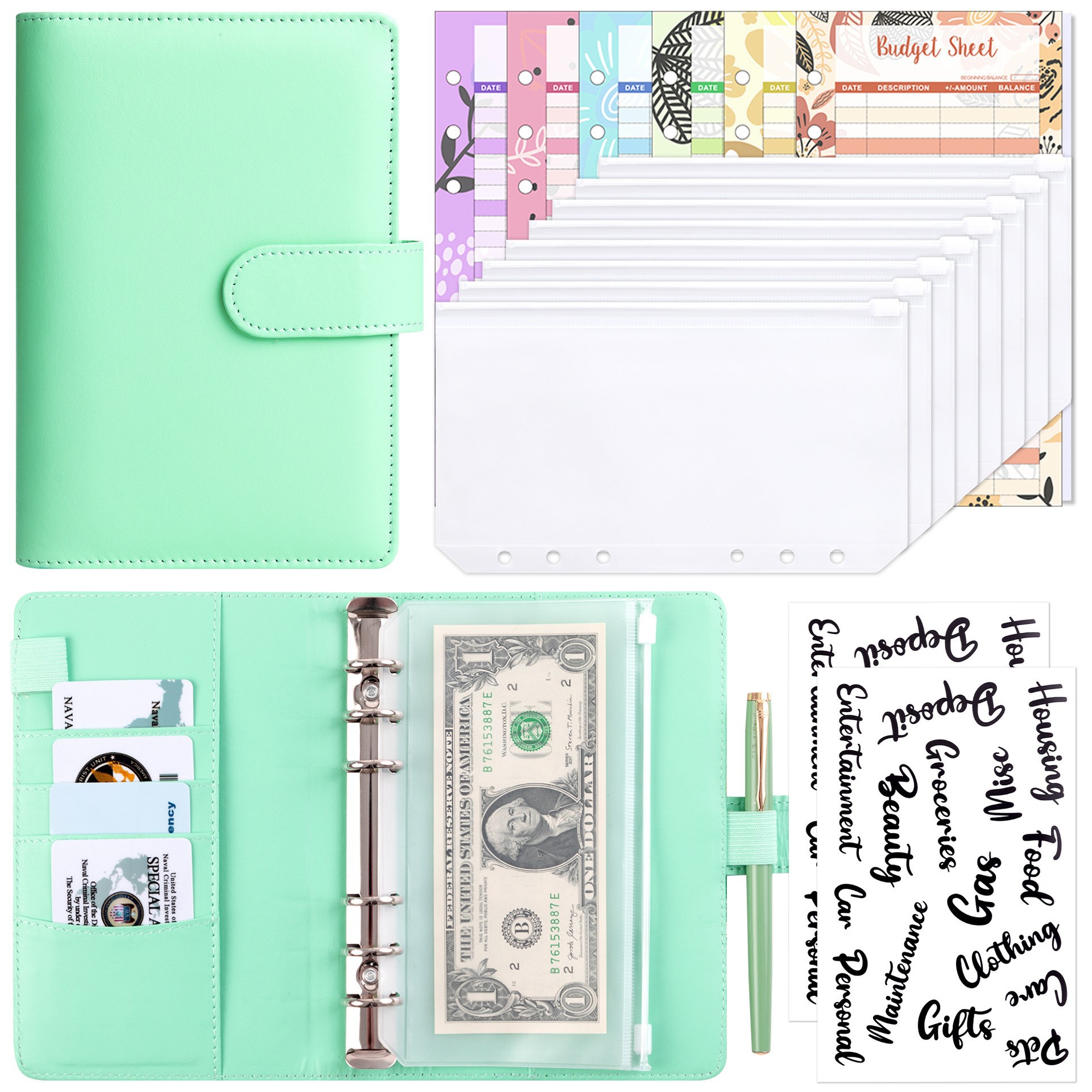 Presupuesto transfronterizo Cash Clip de hojas sueltas Bolsa con cremallera Sobres Libro de cuentas A6 Macarons PU Cuaderno de hojas sueltas de cuero