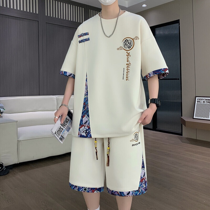 2026 Men's Summer Sports Suit Ice Silk Short-Sleeve T-Shirt Casual Shorts Set Youth Trendy New Style