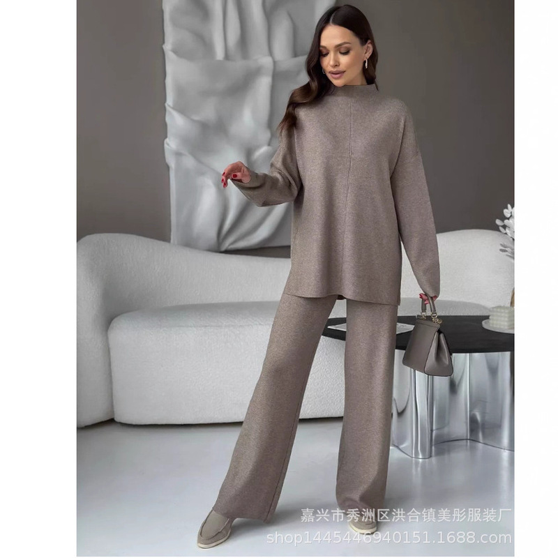 Russian Cross-Border European and American Style Pure Color Knitted Suit Women's Slit Sweater Top + Casual Loose Wide-Leg Pants Russian Cross-Border European and American Style Pure Color Knitted Suit Women's Slit Sweater Top + Casual Loose Wide-Leg Pants
