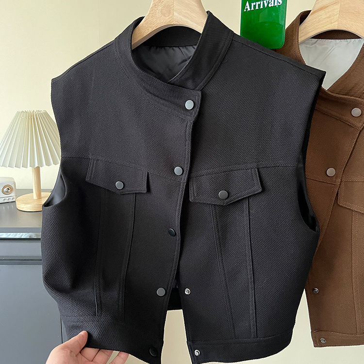 디자인 감각 틈새 수직 칼라 민소매 조끼 여성 최고의 유럽 이른 가을 패션 얇은 조끼 트렌디 한 짧은 재킷