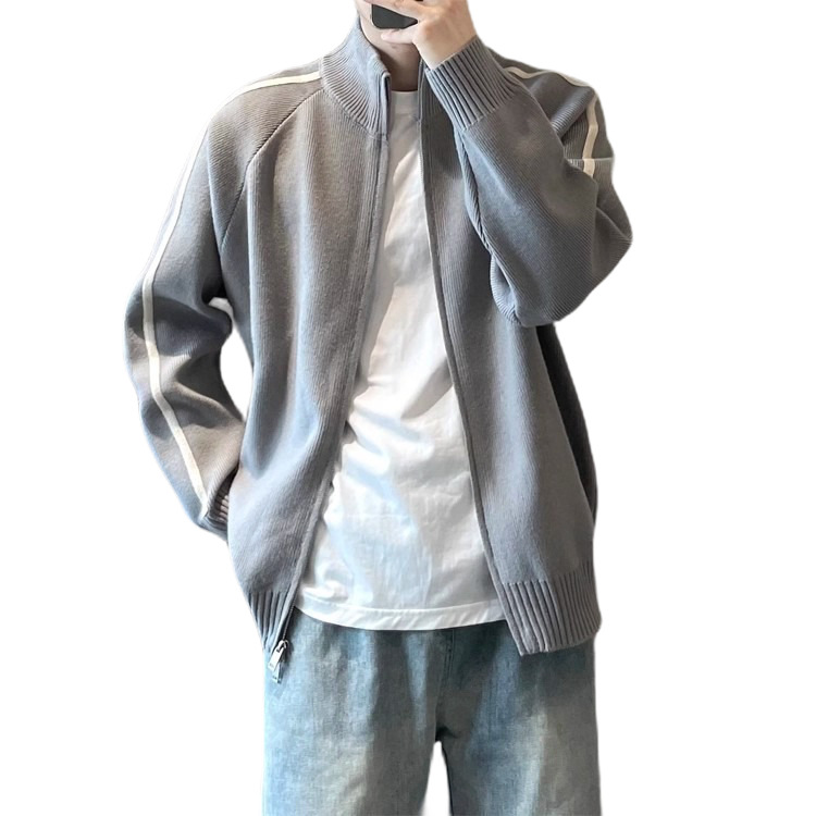 Explosiones transfronterizas de tamaño grande europeo a rayas cardigan suéter de punto chaqueta de hombre chaqueta de doble cremallera fábrica de marea al por mayor