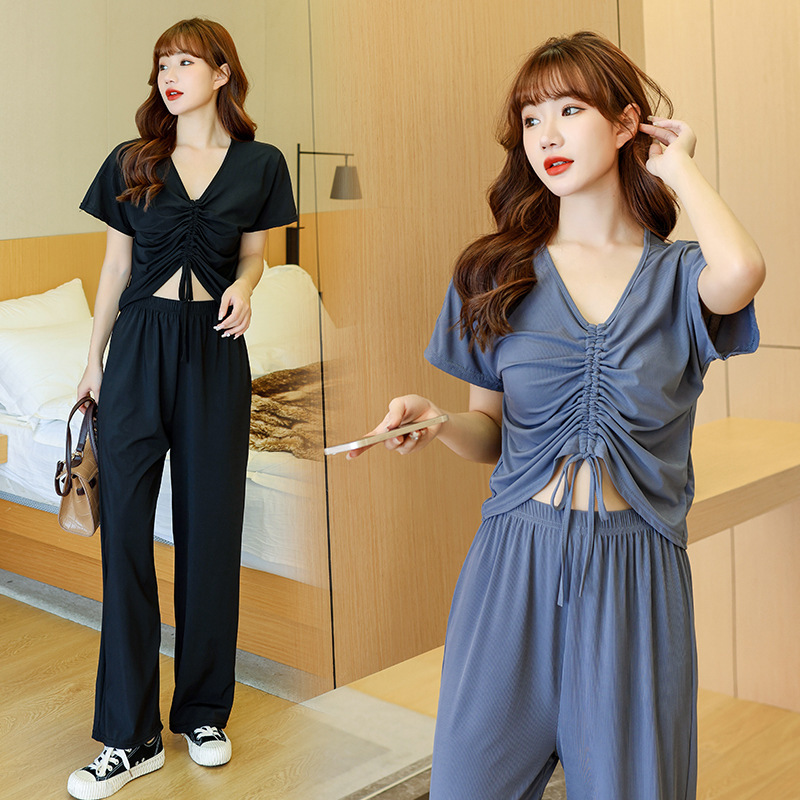 2021 Spring and Summer New Ice Silk Short-sleeved Pants Set Sexy Drawstring T-shirt Straight Pants Slim-fit Slimming Two-piece Set