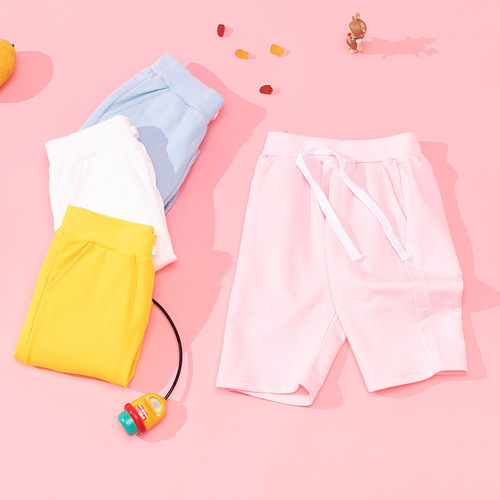 Mikun Children's Clothing Pure Cotton Shorts Summer New Arrival Korean Style Casual Belted Five-Finger Pants Solid Color Knitted Children's Mid-Thigh Pants