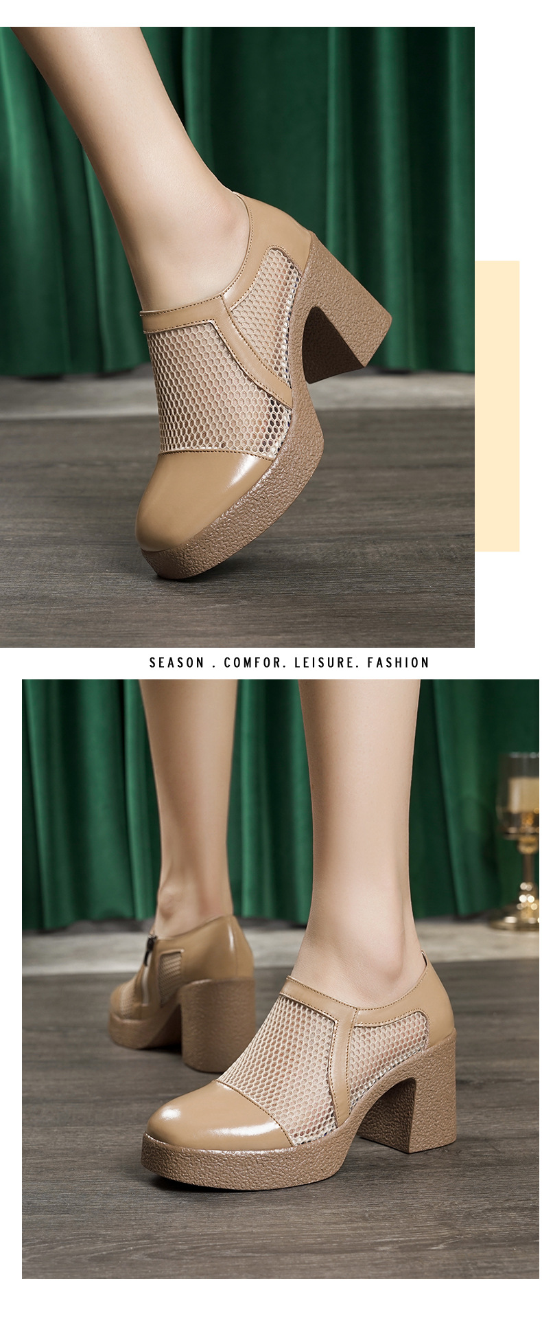 Giày sandal cao gót nữ da lưới mũi kín gót dày đế dày — đen chi tiết 4