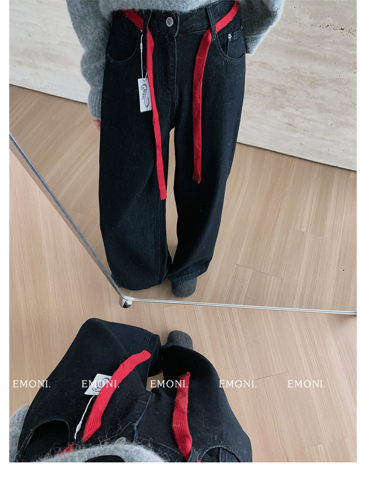 EMONI black and gold fleece jeans with belt for women 2024 Winter new Korean style straight-leg casual pants 63614 pic 10