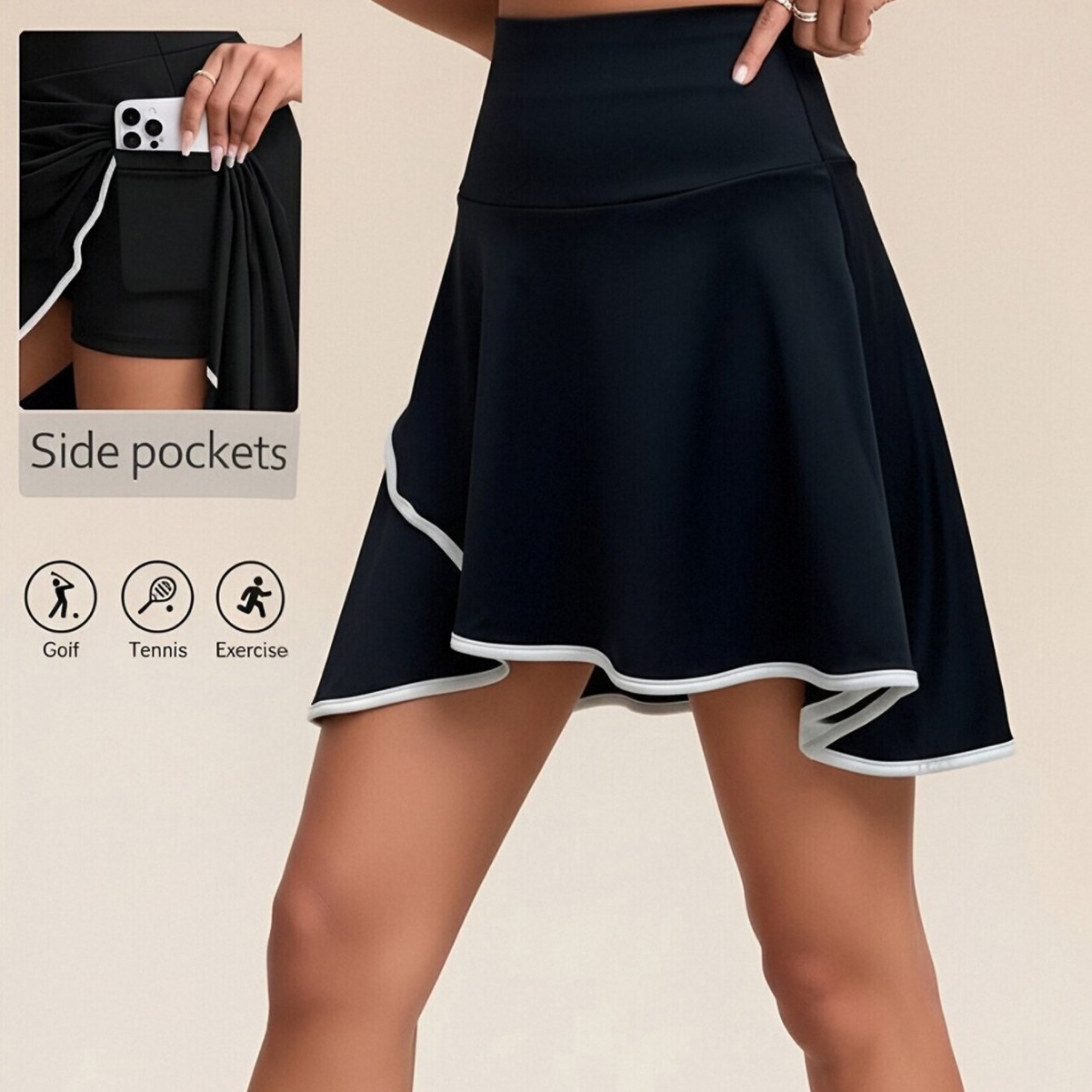 High-waisted sports skirt for women, faux two-piece tennis skirt, fitness yoga short skirt with side pockets, anti-exposure, color-blocking short skirt for women