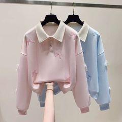 立体蝴蝶结刺绣polo领卫衣女春秋新款慵懒风甜美清新减龄套头上衣