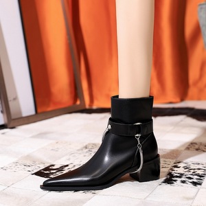 009-29 Chelsea Boots Women's Euro American Ins Fashion Metal Chain Martin Boots Pointed Thick Heels Slim Short Boot
