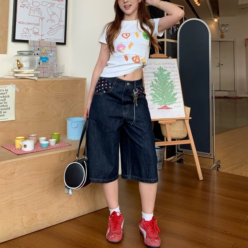 American street style five-pointed star patchwork cropped denim shorts for women, high street retro slimming straight wide-leg mid-length pants