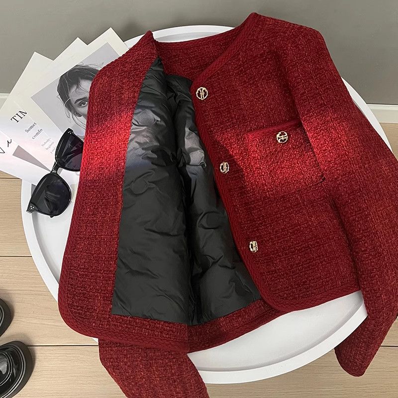 Tweed Red Chanel-Style Jacket for Women, 2024 Autumn and Winter New French-Style Petite Short Coat