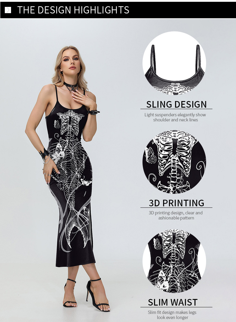 Wholesale Women's Dark Style Streetwear Printing Skeleton Party Festival U Neck Strap Sleeveless Strap dress Pro display picture 2