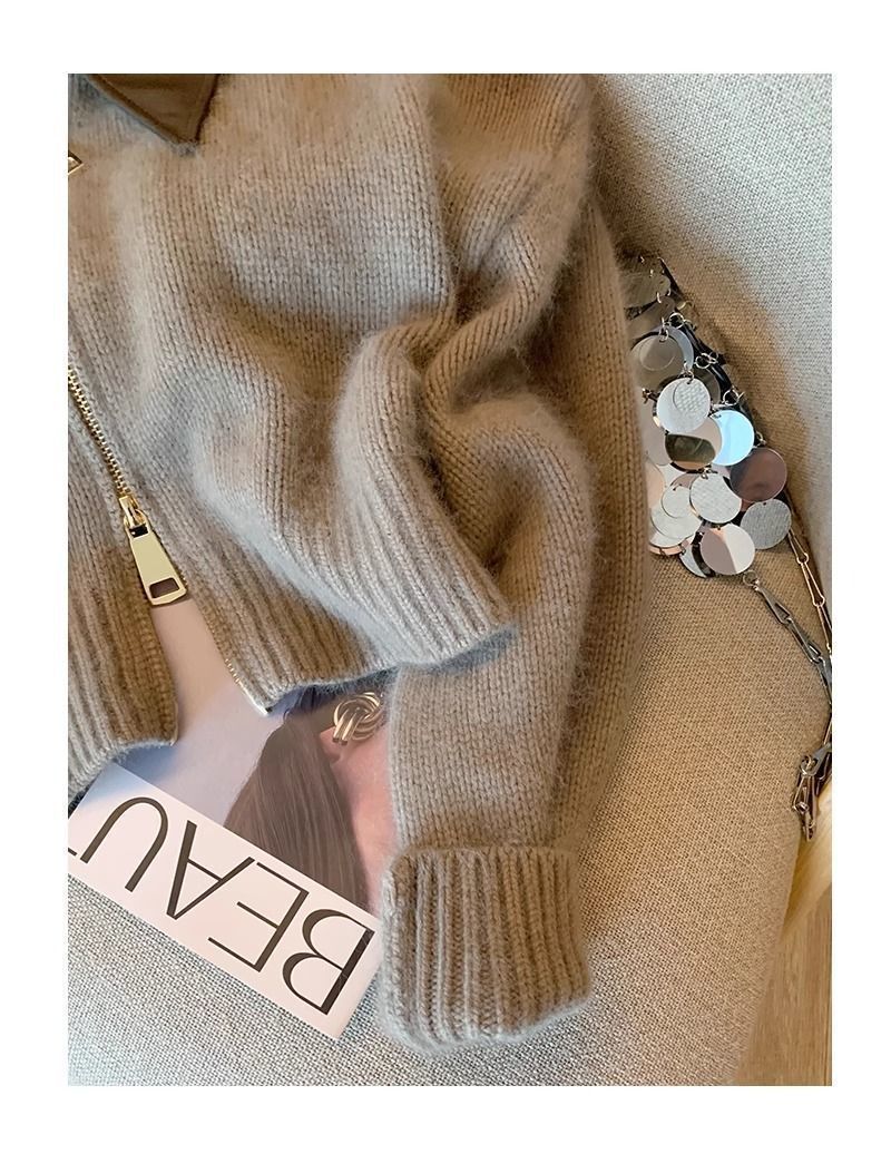 Modieus damesvest met leren kraag en rits gebreide bovenkleding_voghion.com