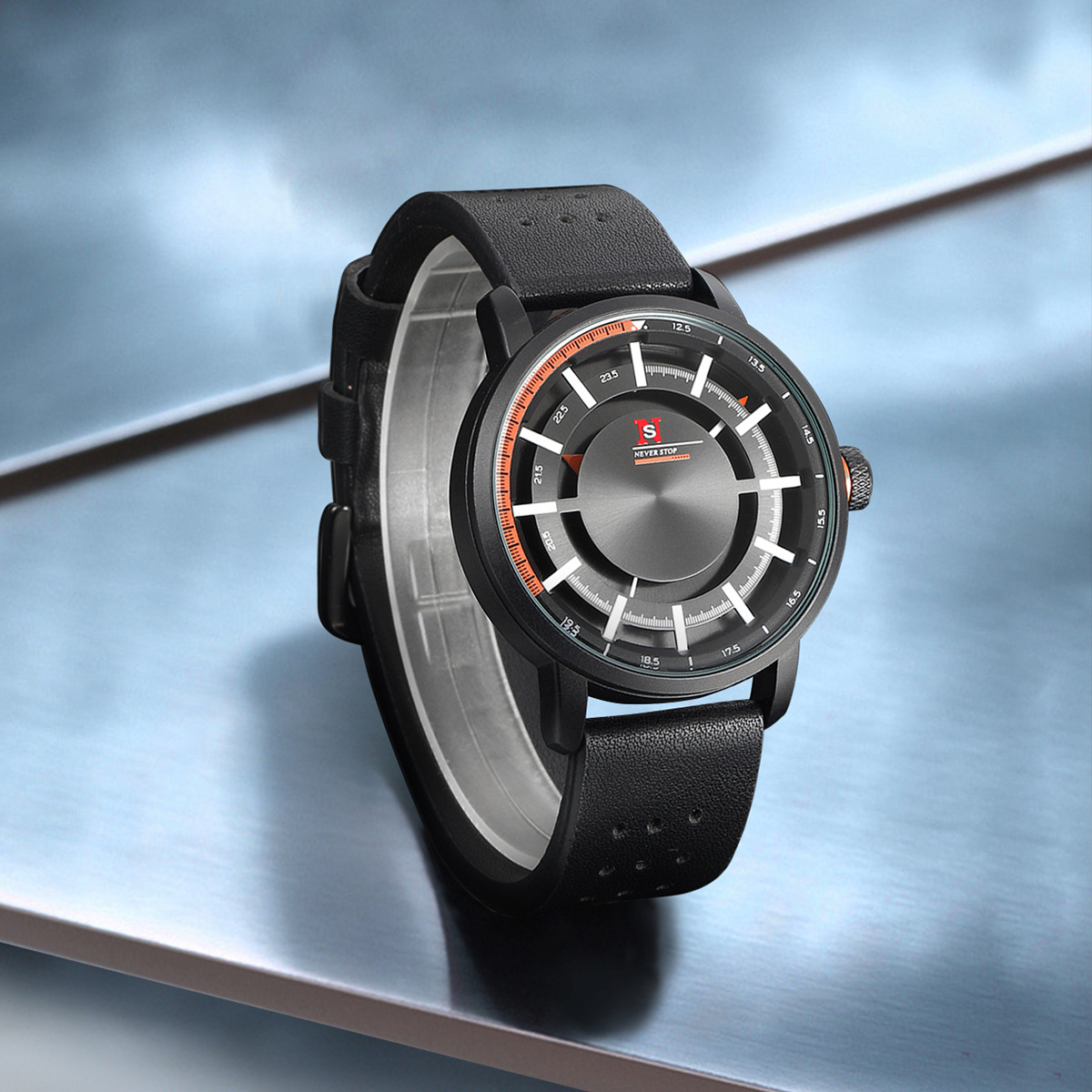 Ns Cross-Border Popular Men's Leather Strap Watch with Geometric Scale, Simple and Trendy Quartz Watch, Factory Wholesale in Stock