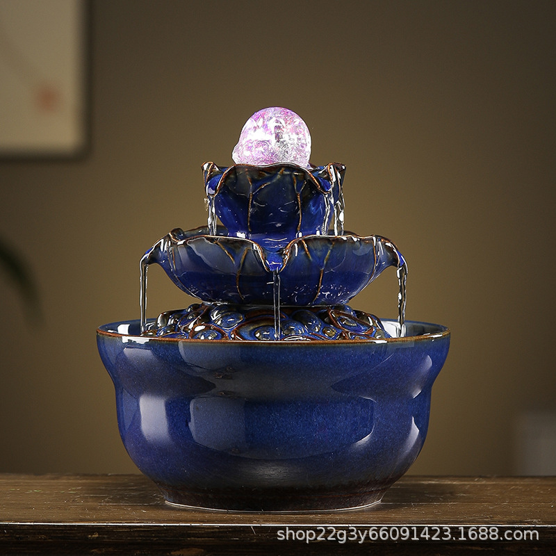 Blue Ceramic Flowing Water Ornament, Multi-Layer Water Feature Decoration, Desktop Home Decor, Feng Shui Wheel, Wealth-Attracting Water Flow Device