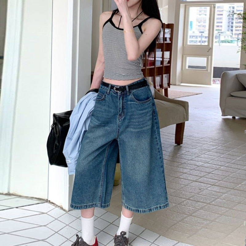 Plus-Size American Retro Denim Shorts for Women, Summer Silhouette Straight Mid-Length Pants, Plus-Size Niche Drapey Wide-Leg Cropped Pants