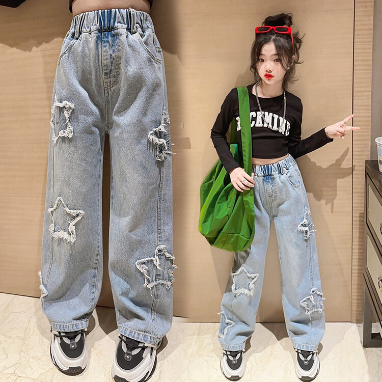 Girls' Wide-Leg Pants 2025 Spring New Straight Casual Pants Kidsren's Medium and Large Kidsren's Spliced Loose Jeans Girls' Wide-Leg Pants 2025 Spring New Straight Casual Pants Kidsren's Medium and Large Kidsren's Spliced Loose Jeans