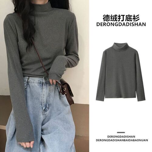 Deer velvet half-high collar base shirt women's inner wear autumn/winter new long-sleeved T-shirt slimming and warm outerwear