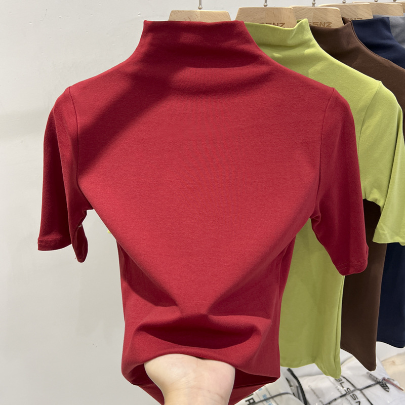 Camiseta legging de cuello medio alto para mujeres 2025 primavera nueva moda exterior delgada camiseta interior se puede usar camisa de manga corta