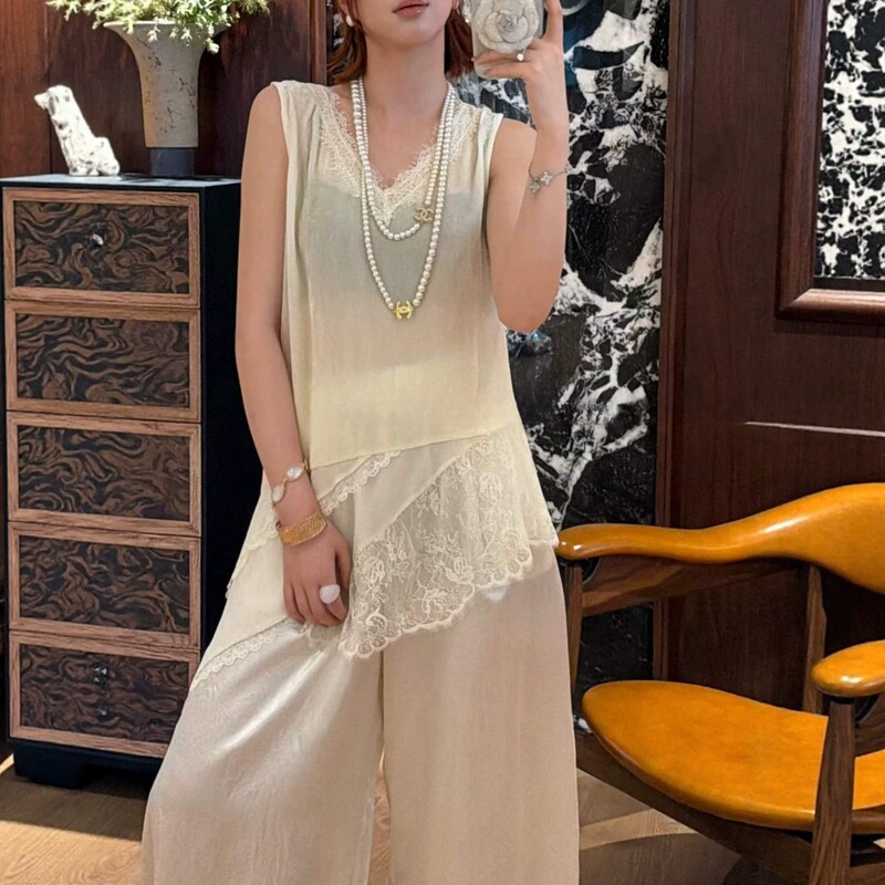 Nanyou Design Silk Velvet Lace Trim Vest Top 2026 Summer Style French Ladylike Sleeveless Shirt