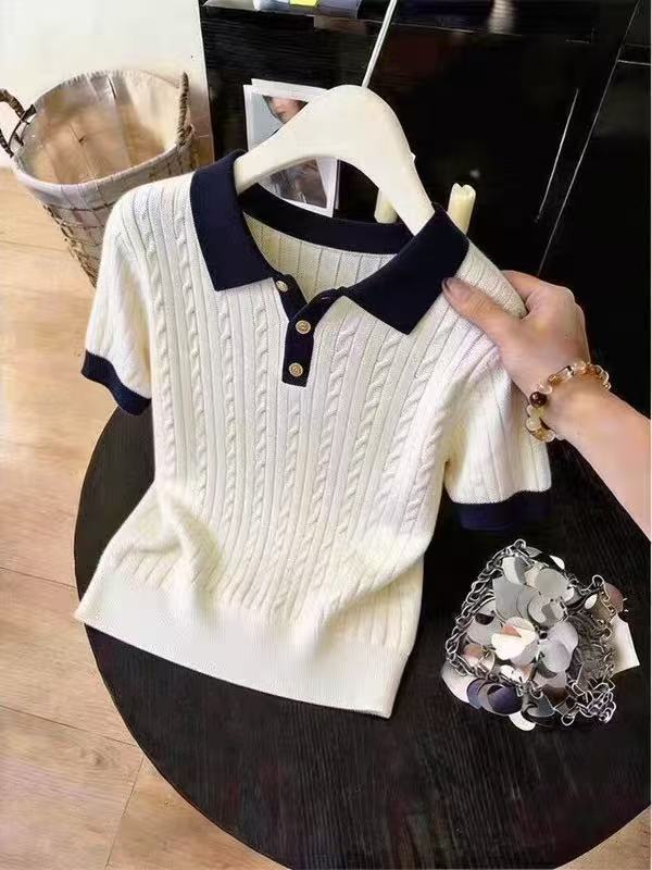 Damen T-shirt Aus Eisseide Im Koreanischen Stil Mit Kragen_voghion.com