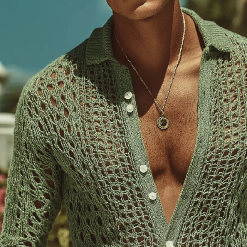 European and American Cross-Border Autumn and Winter New Simple Cardigan Hollow Knit Sweater Men's Sweater Lapel Top Shirt