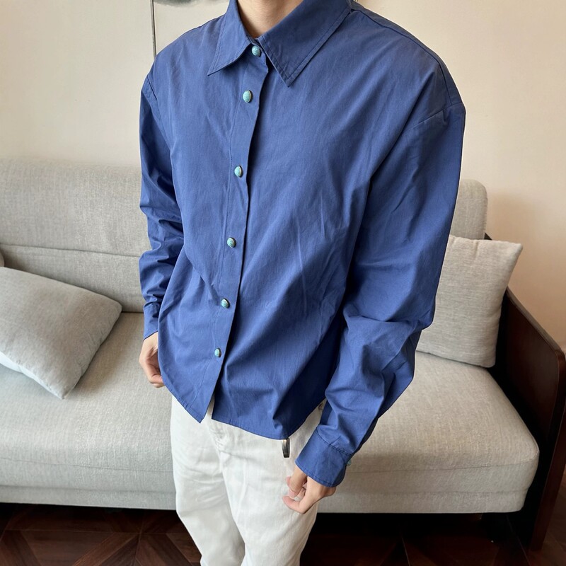 Klein blue turquoise intellectual old money style long-sleeve shirt for men, loose trendy shirt jacket for spring and autumn