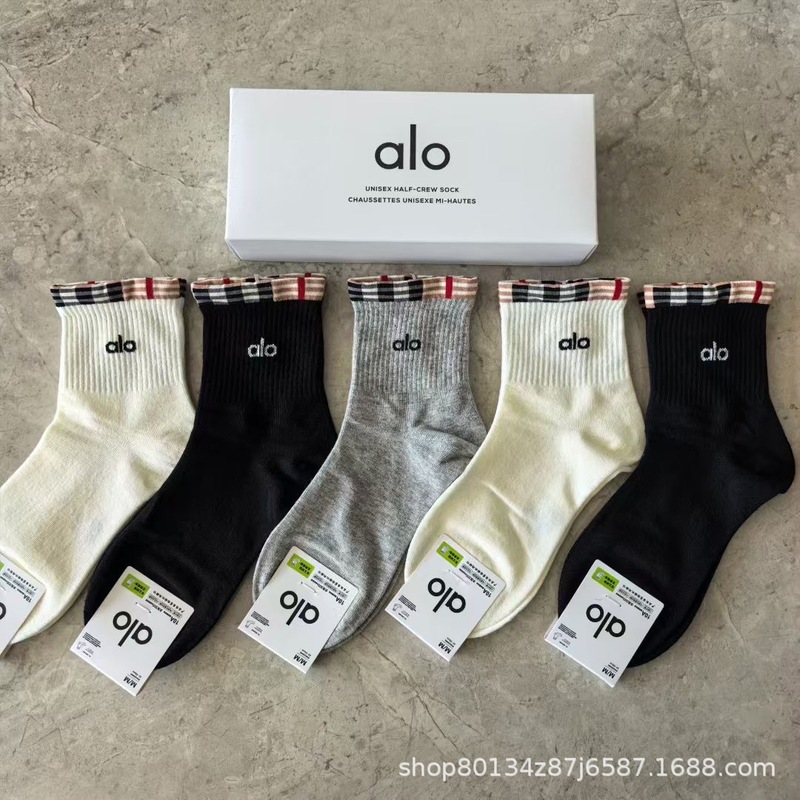 新品alo男女5双盒装运动短袜四季吸汗纯色网眼棉袜时尚男女情侣袜|undefined