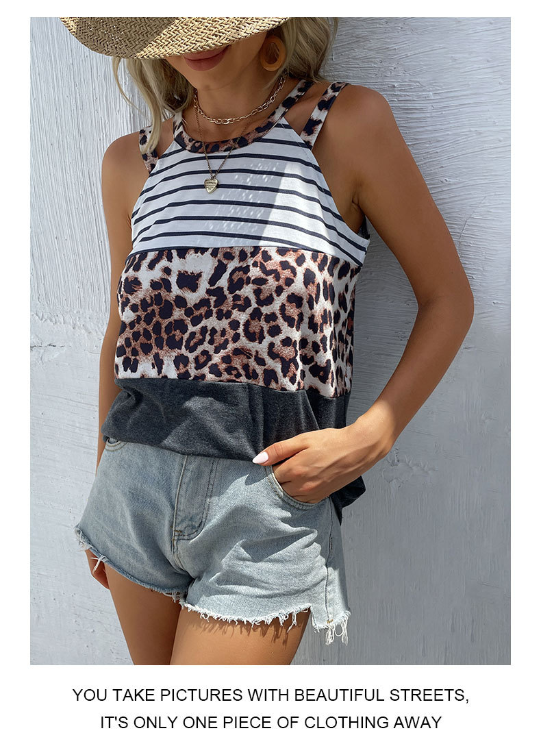 Vintage Style Color Block Leopard Polyester Round Neck Patchwork Vest