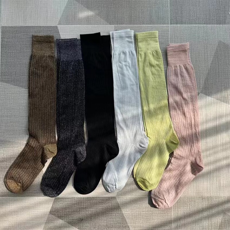 Fashionable Gold and Silver Silk Vertical Strip Knee-High Stockings Korean Dongdaemun Autumn and Winter Jk Calf Socks Bright Silk Thin Pile Socks