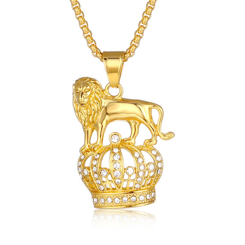 Euro-American Cross-Border Hip-Hop Jewelry Hot Sale: Titanium Steel Gold-Plated Crown Pendant Necklace with Diamond-Inlaid Lion Head Designs