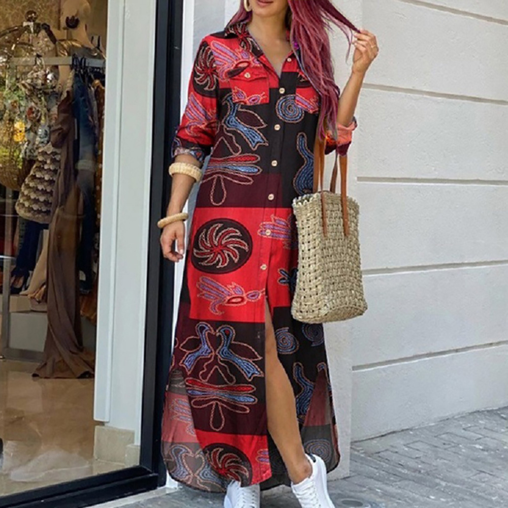 Women's Shirt Dress Casual V Neck Printing 3/4 Length Sleeve Printing Maxi Long Dress Daily display picture 2