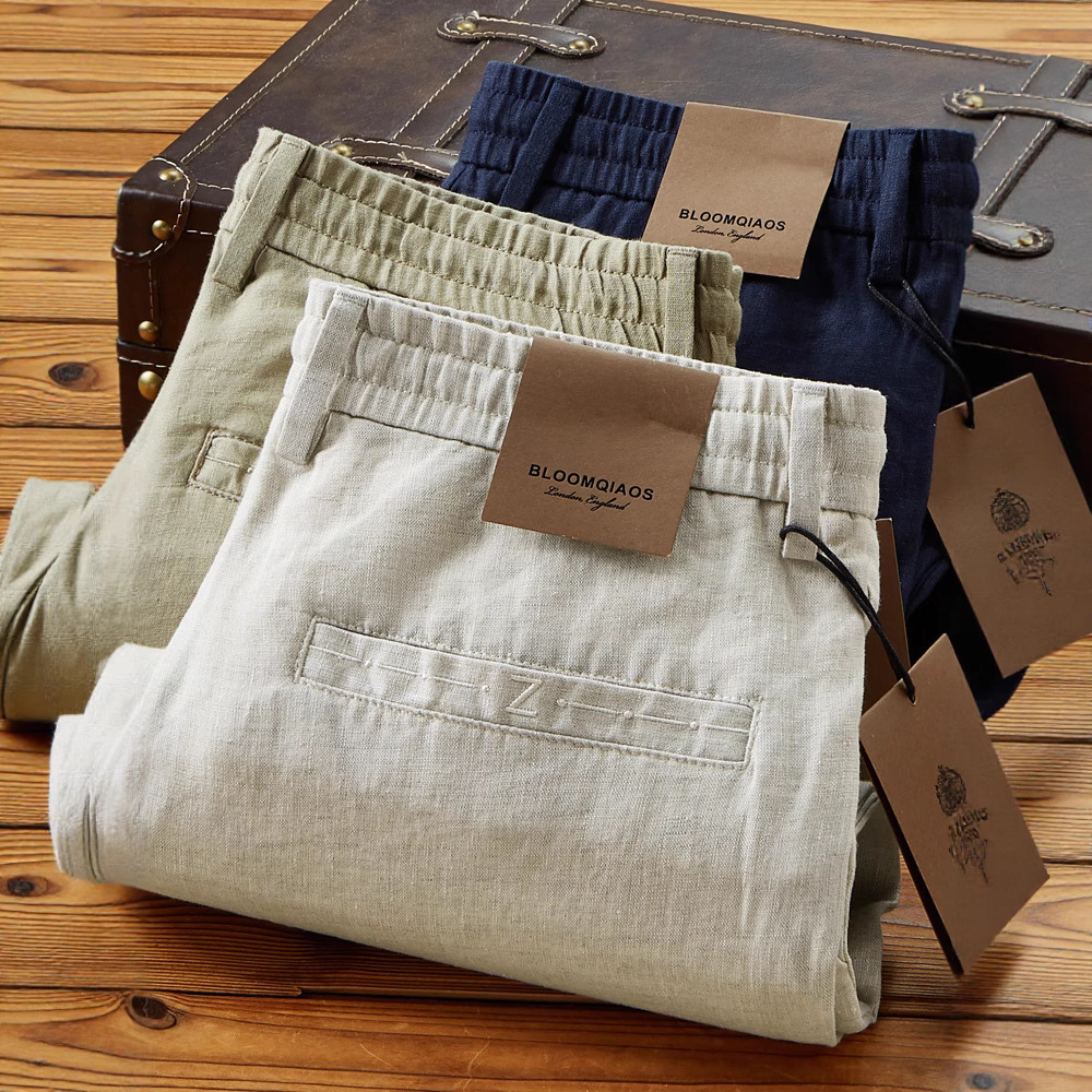 Comfortable cool summer thin 100% high-end linen trousers elastic waist breathable straight casual pants for men