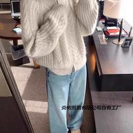 秋冬三股加厚100羊毛衫女双拉链针织开衫宽松毛衣外套上衣麻花