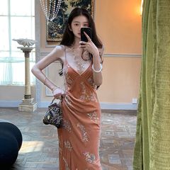 国风新中式刺绣钉珠包臀长裙女轻奢秋季高定收腰吊带连衣裙 N9036