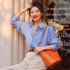 哥家商场同款女装2025早秋新款蓝色条纹衬衫女法式时尚高端衬衣